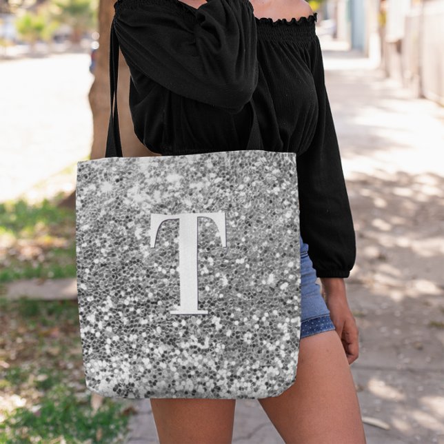 Silver Faux Glitter Bokeh Sparkles Monogram Tote Bag (Silver Chunky Glitter Monogram Tote Bag)