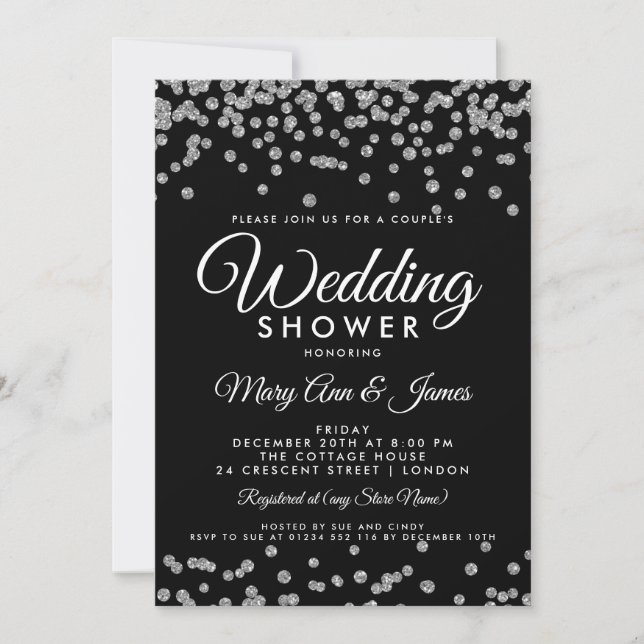 Silver Faux Glitter Confetti Black Couple's Shower Invitation (Front)