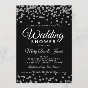 Silver Faux Glitter Confetti Black Couple's Shower Invitation
