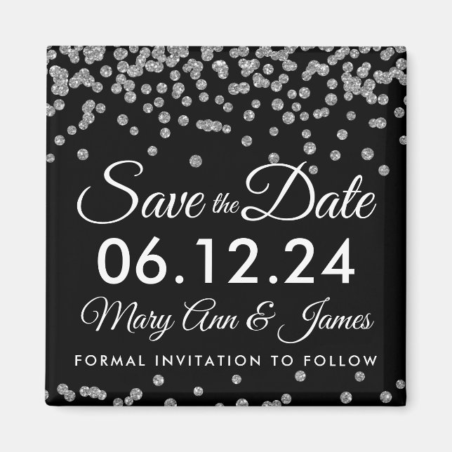 Silver Faux Glitter Confetti Black Save The Date Magnet (Front)