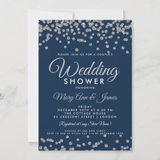 Silver Faux Glitter Confetti Navy Couple's Shower Invitation (Front)