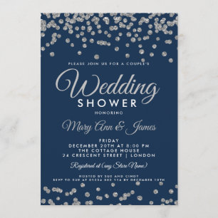 Silver Faux Glitter Confetti Navy Couple's Shower Invitation