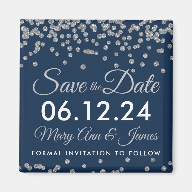 Silver Faux Glitter Confetti Navy Save The Date Magnet (Front)
