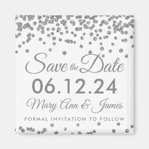 Silver Faux Glitter Confetti Save The Date Magnet