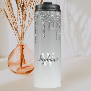 Silver Faux Glitter Drip Sparkle Ombre Monogram Thermal Tumbler