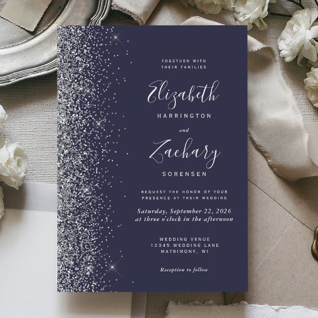 Silver Faux Glitter Edge Dark Blue Wedding Invitation (Creator Uploaded)