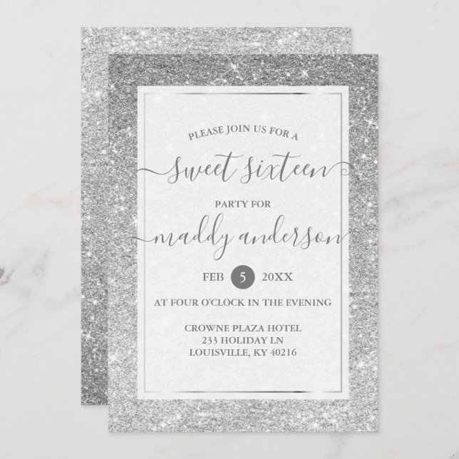 Silver Faux Glitter Elegant Sweet 16 Birthday Invitation (Front/Back)