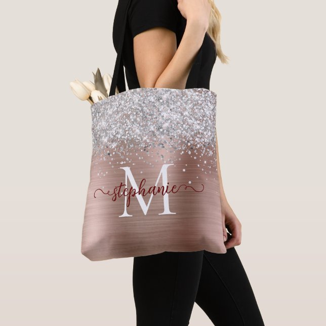 Silver Faux-Glitter Girly Glam Brown Personalised Tote Bag (Close Up)