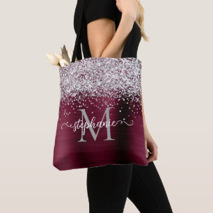 Silver Faux-Glitter Girly Glam Burgundy Personaliz Tote Bag