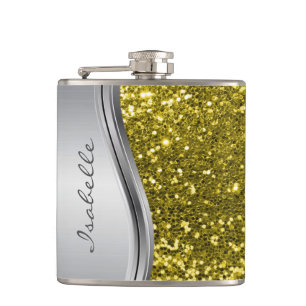 Silver Faux Glitter Glam Bling Personalised  Hip Flask