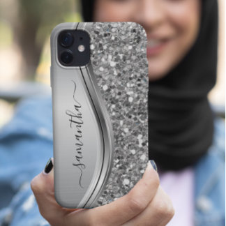 Silver Faux Glitter Glam Bling Personalised Metal iPhone 13 Case