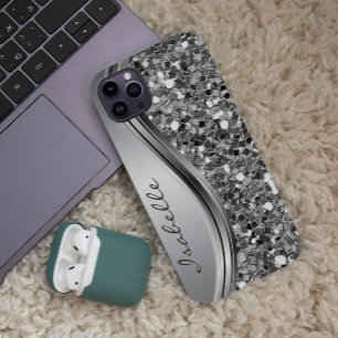 Silver Faux Glitter Glam Bling Personalised Metal iPhone 15 Case