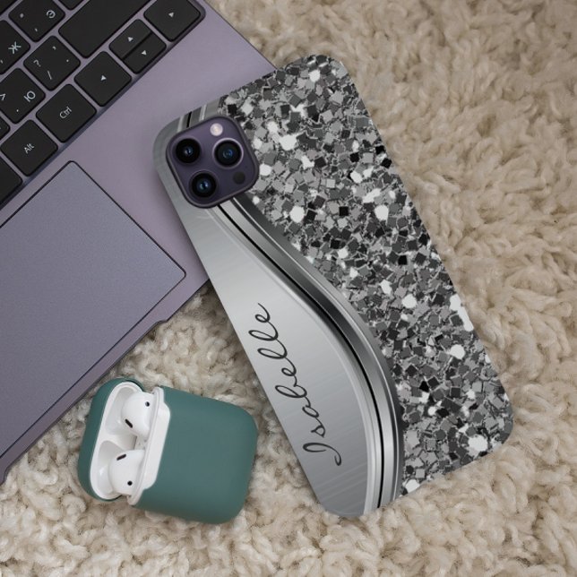 Silver Faux Glitter Glam Bling Personalised Metal Case-Mate iPhone Case (Creator Uploaded)