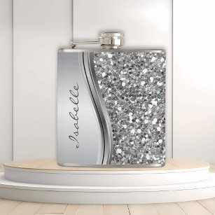 Silver Faux Glitter Glam Bling Personalised Metal Hip Flask
