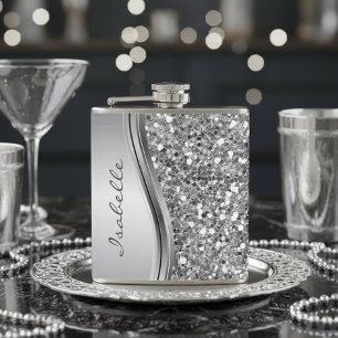 Silver Faux Glitter Glam Bling Personalised Metal Hip Flask
