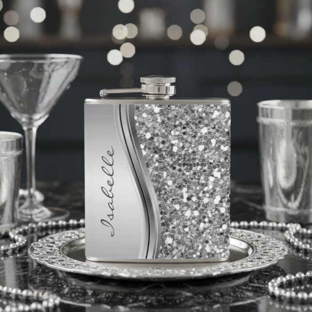Silver Faux Glitter Glam Bling Personalised Metal Hip Flask (Creator Uploaded)