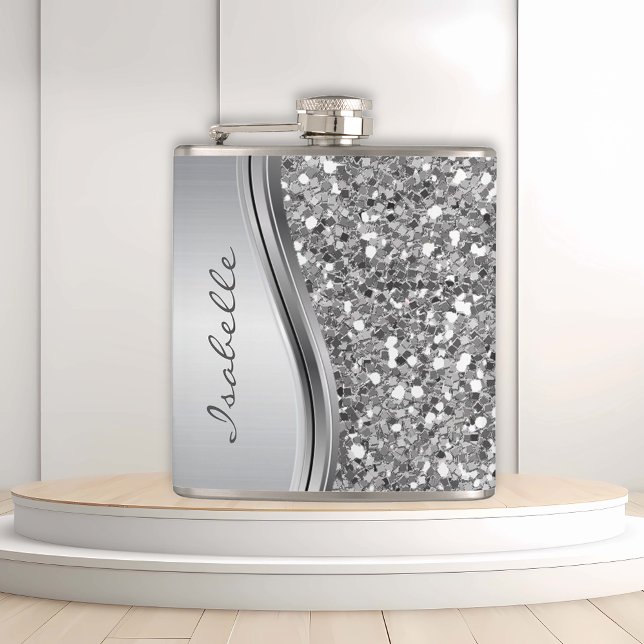 Silver Faux Glitter Glam Bling Personalised Metal Hip Flask (Creator Uploaded)