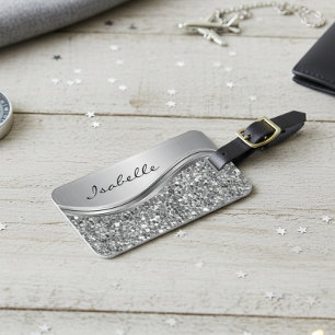 Silver Faux Glitter Glam Bling Personalised Metal Luggage Tag