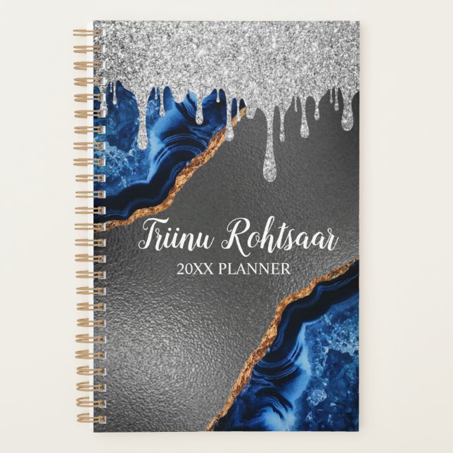 Silver Faux Glitter Glam Bling Personalised Metal  Planner (Front)