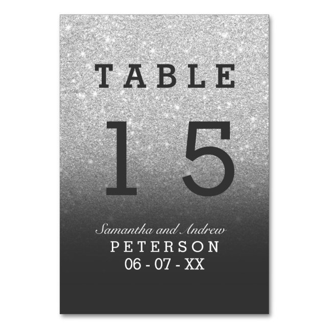 Silver faux glitter grey ombre wedding table number (Front)