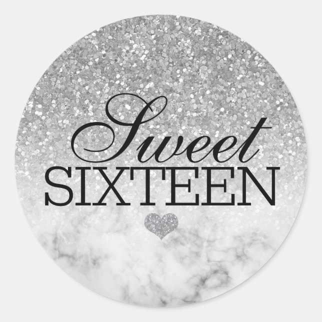 Silver Faux Glitter/Marble Sweet 16 Classic Round Sticker (Front)