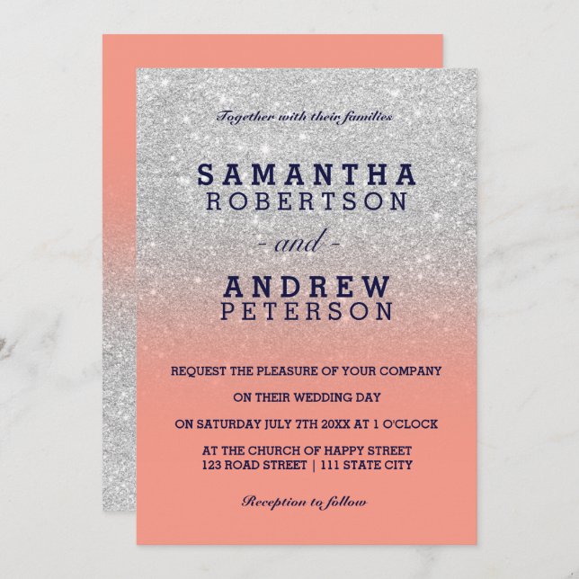 Silver faux glitter navy blue coral ombre wedding invitation (Front/Back)