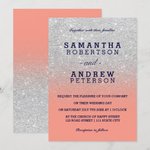 Silver faux glitter navy blue coral ombre wedding invitation