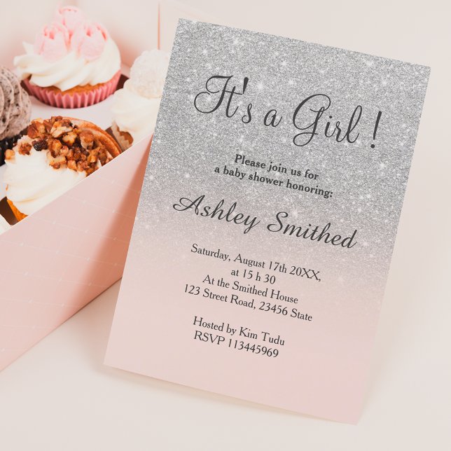 Silver faux glitter pink ombre girl baby shower invitation (Creator Uploaded)