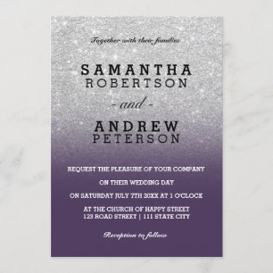 Silver faux glitter purple chic ombre wedding invitation