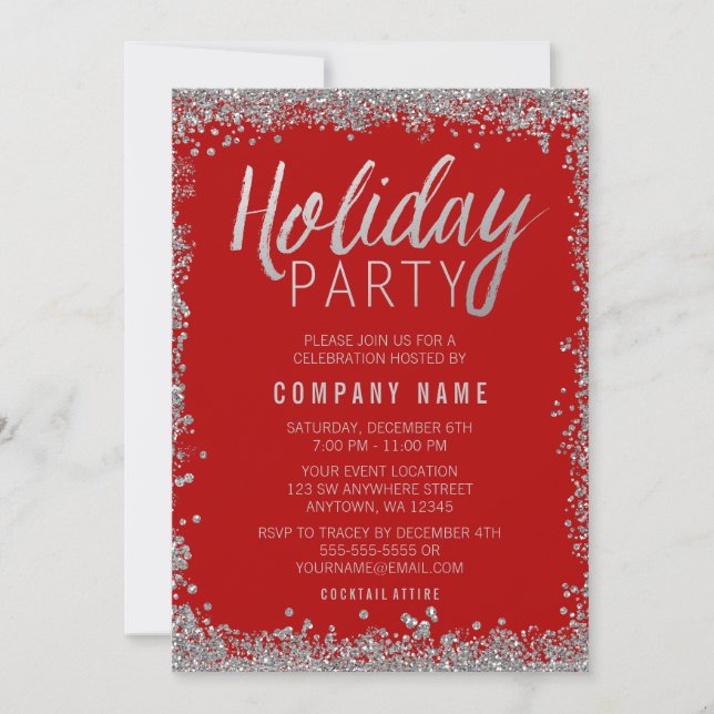 Silver Faux Glitter Red Holiday Party Invitation (Front)