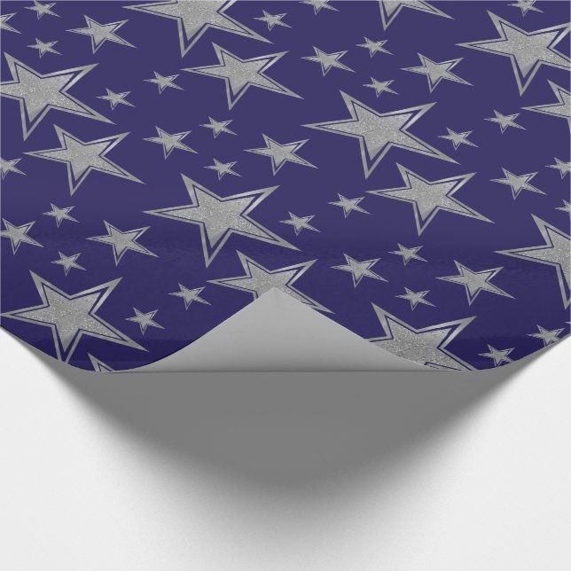 Silver Faux Glitter Stars on Navy Blue Wrapping Paper (Corner)