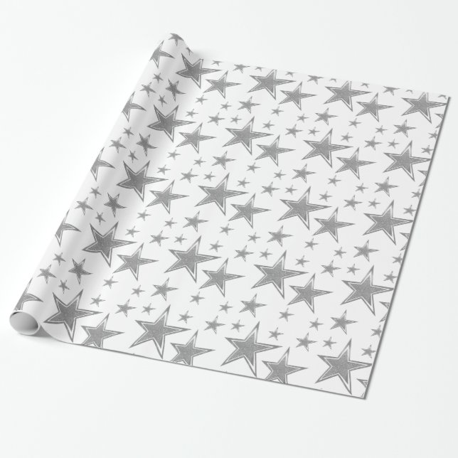 Silver Faux Glitter Stars Wrapping Paper (Unrolled)