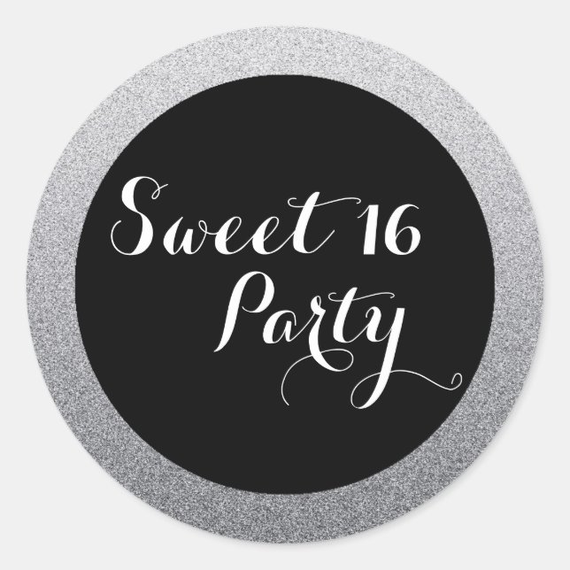 Silver Faux Glitter Sweet 16 Favour Seal Sticker (Front)
