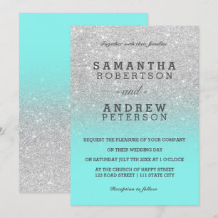 Silver faux glitter teal ocean ombre chic wedding invitation