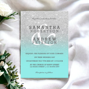 Silver faux glitter teal ombre wedding custom invitation