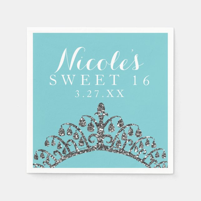 Silver Faux Glitter Tiara Crown Birthday Party Napkin (Front)