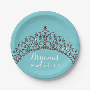 Silver Faux Glitter Tiara Crown Birthday Party Paper Plate