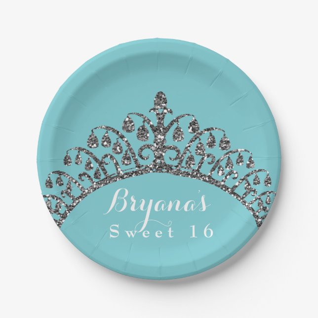 Silver Faux Glitter Tiara Crown Birthday Party Paper Plate (Front)