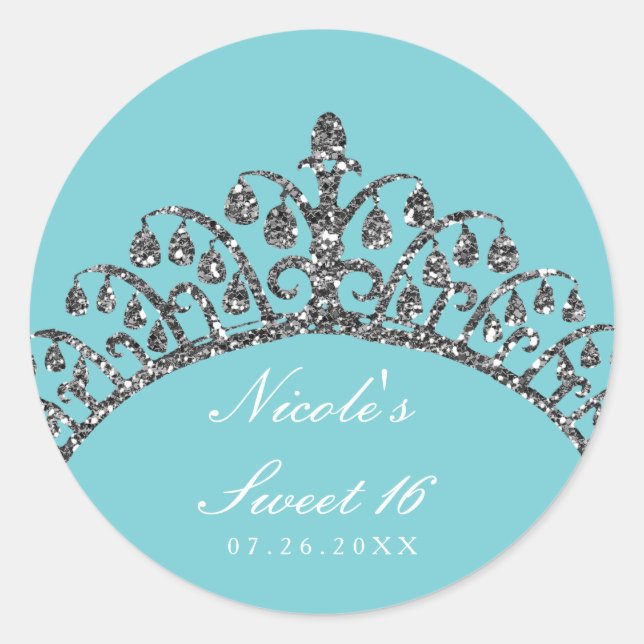 Silver Faux Glitter Tiara Crown Party Custom Favou Classic Round Sticker (Front)