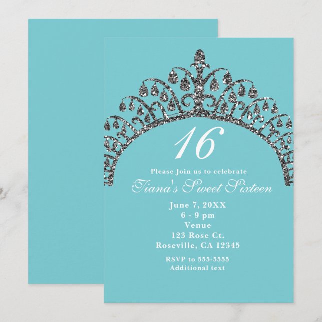 Silver Faux Glitter Tiara Crown Party Invitations (Front/Back)