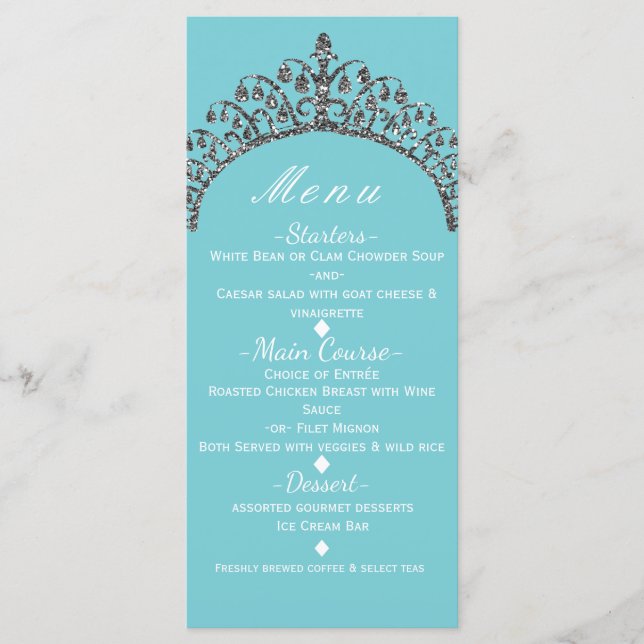Silver Faux Glitter Tiara Crown Party Menu Card (Front)