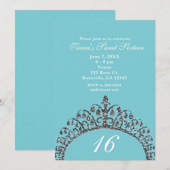 Silver Faux Glitter Tiara Crown Sweet 16 Party Invitation (Front/Back)