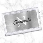 Silver Faux Metallic Foil Monogram Business Card Holder<br><div class="desc">Create your own black and white monogrammed modern minimalist business card case.
Modern monoline style script for her name over a more classic style monogram font.
The background features a faux silver grey brushed metal style ombre gradient foil that prints like a photo.</div>
