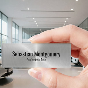 Silver Faux Metallic Sleek Stainless Black Text Name Tag
