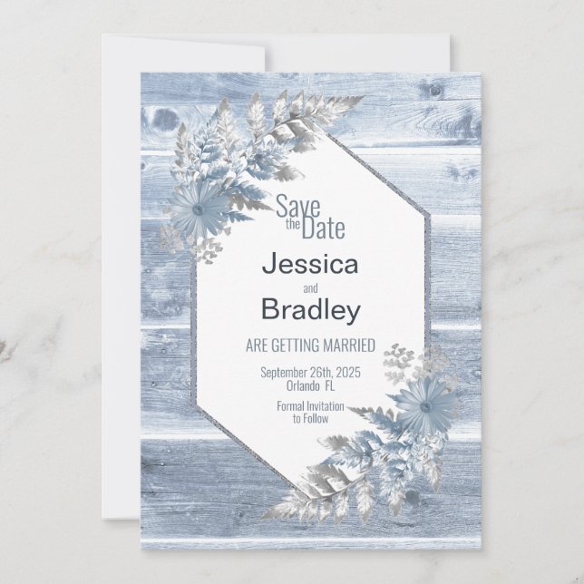 Silver Fern Wood Botanical Wedding Save The Date (Front)