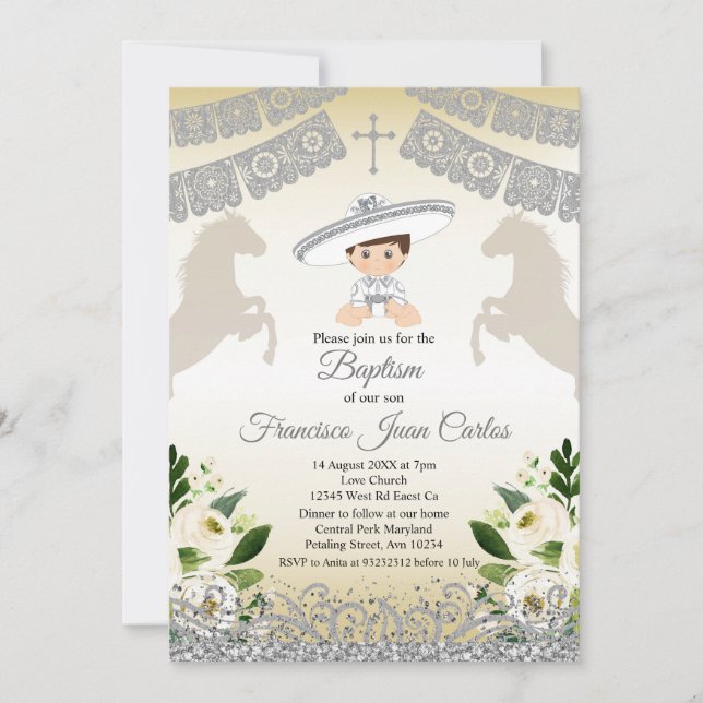 Silver Fiesta Boy Baptism Christening Invitation (Front)