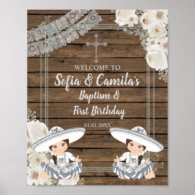 Silver Fiesta Twin Girl Baptism and Birthday  Poster (Front)