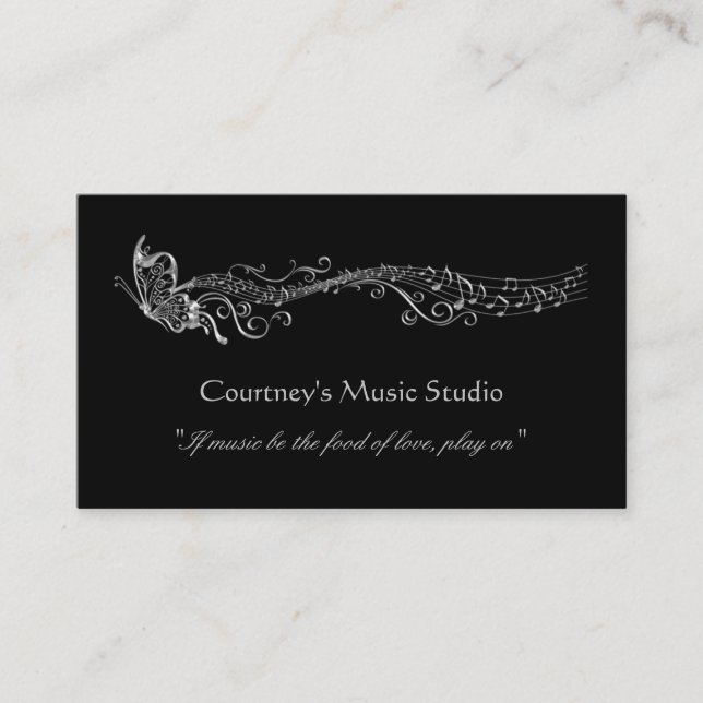 Silver Filigree Butterflies Music Notes Business Card (Front)