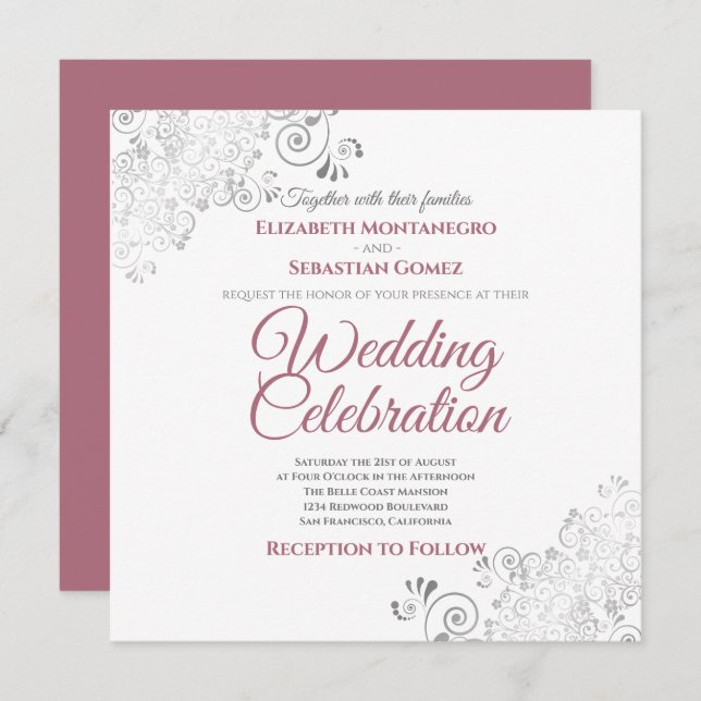 Silver Filigree Dusty Rose & White Square Wedding Invitation (Front/Back)