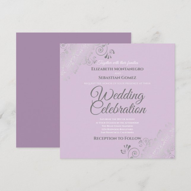 Silver Filigree Elegant Lavender Square Wedding Invitation (Front/Back)